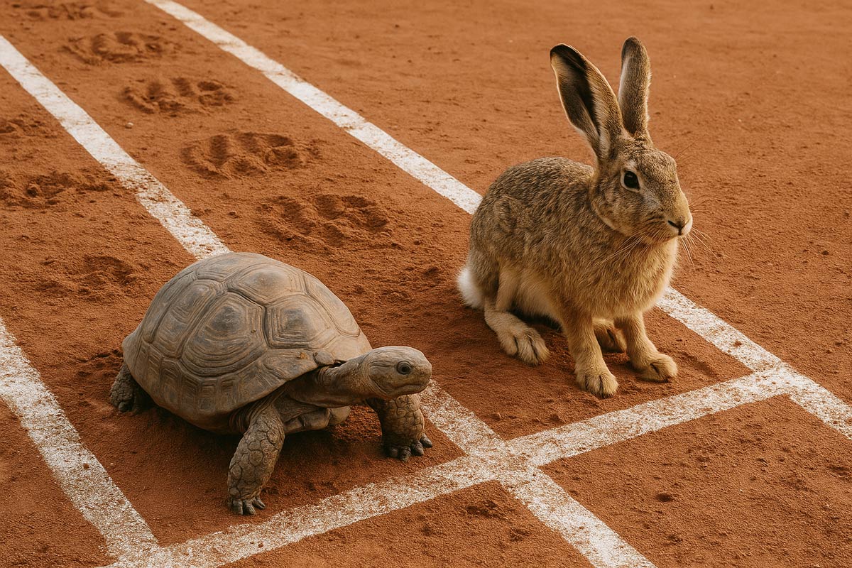 Tortoise and a hare on a track ready to race